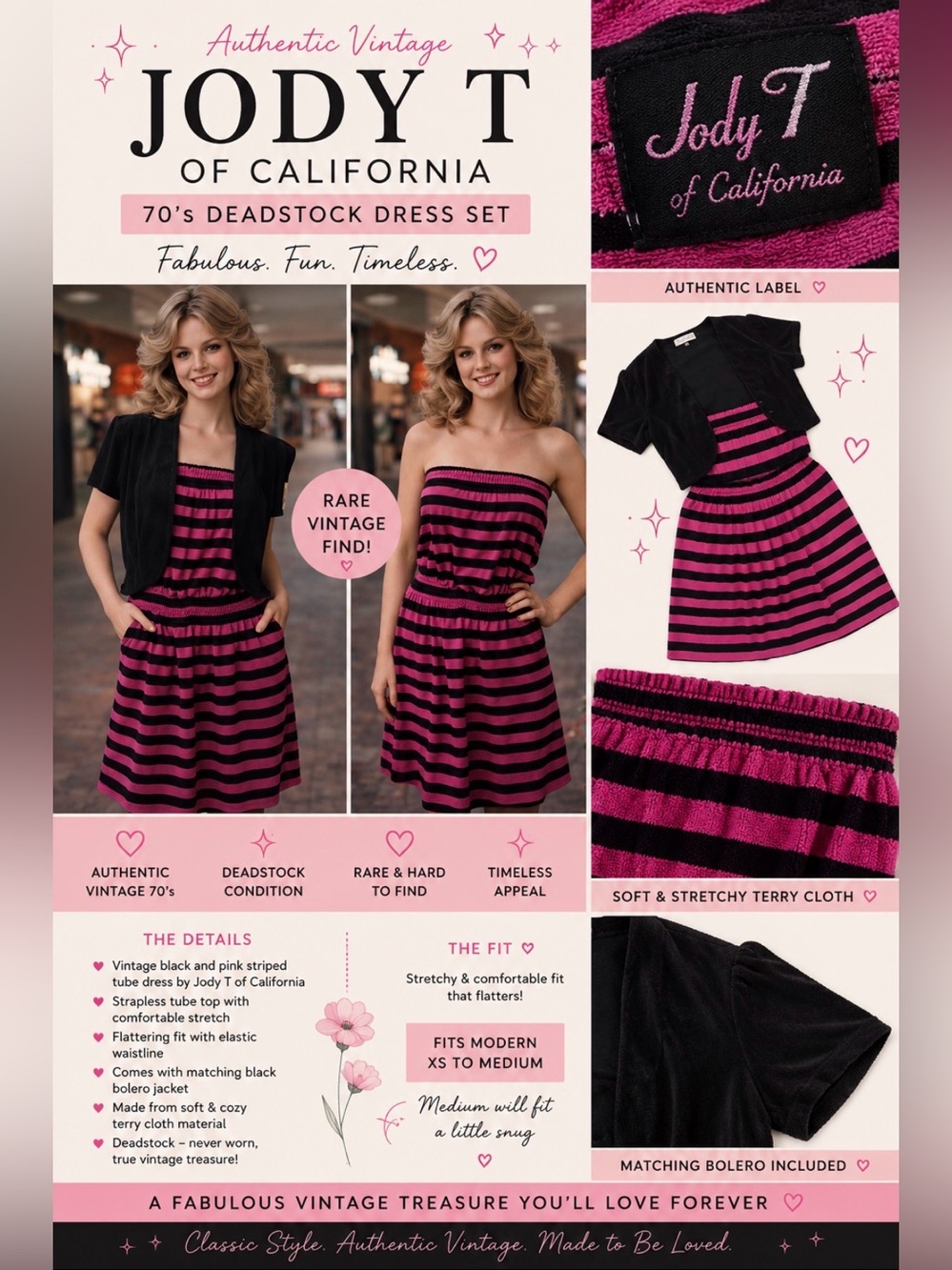 *Vintage 70’s- Jody T of CA / Black & Pink tube dress set- Terry Cloth